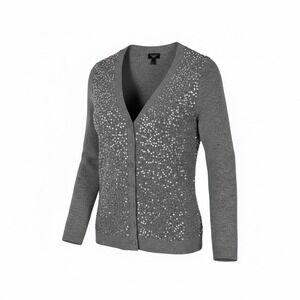 Talbots Petite Small Gray Metallic Sequin Lambswool Blend V-Neck Formal Cardigan